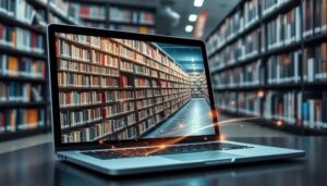 Laptop met digitale bibliotheek tussen hoge boekenkasten